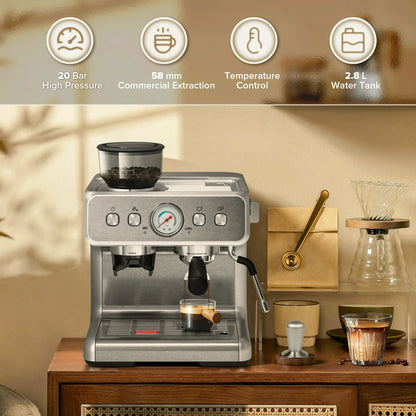 Auseo Coffee Machine with Conical Burr Grinder and Steam Wand, 1&2 Cups, Espresso/Cappuccino/Latte/Mocha for Home, Silver