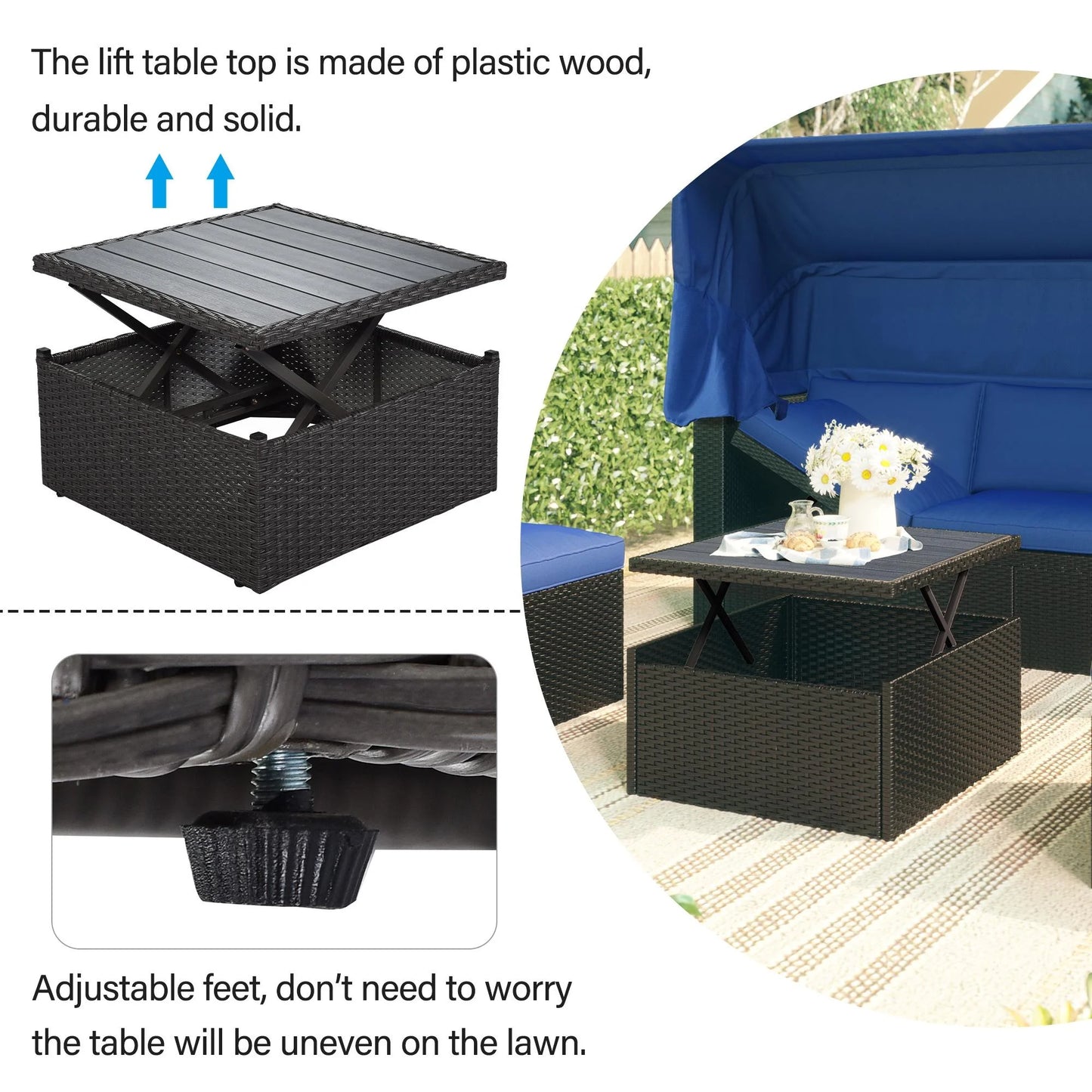 Outdoor Daybed with Canopy, Patio Sectional Furniture Set with Lifting Table Thick Cushions Pillows, Retractable Canopy Conversation Sofa Set with Side Table, Blue