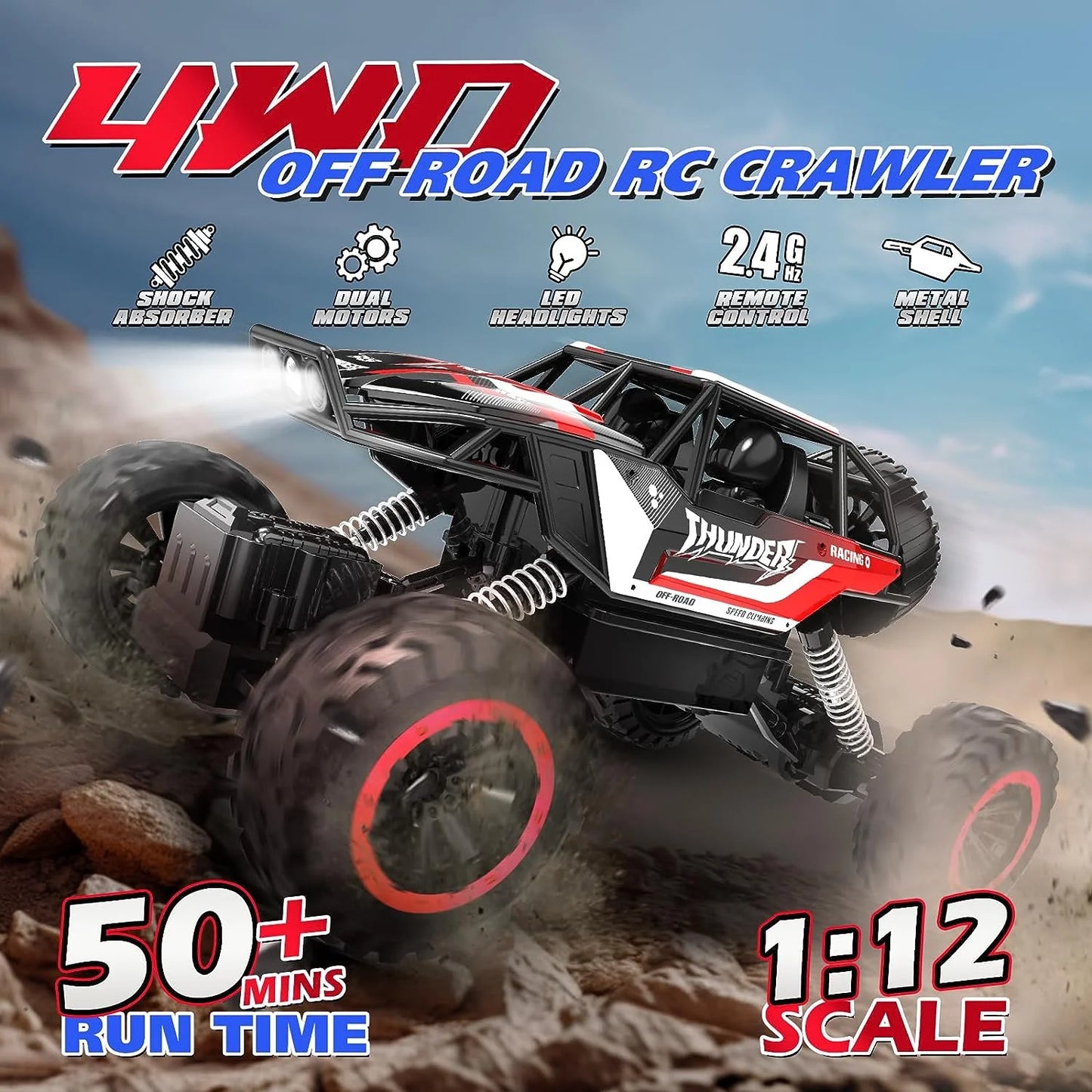 1:12 RC Cars 4WD off Road 2.4Ghz RC Monster Truck with Metal Shell and Light, Remote Control Car Crawler for Adult and Kid, 2 Batteries, Red