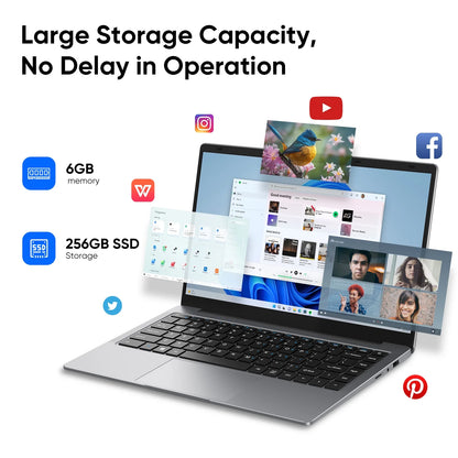 14.1" Laptop Computer,6GB RAM 256GB SSD,Windows 11 Pro Bussiness NoteBook PC,MS Office 2024,Intel Celeron N4000(up to 2.6GHz) 100% sRGB Screen
