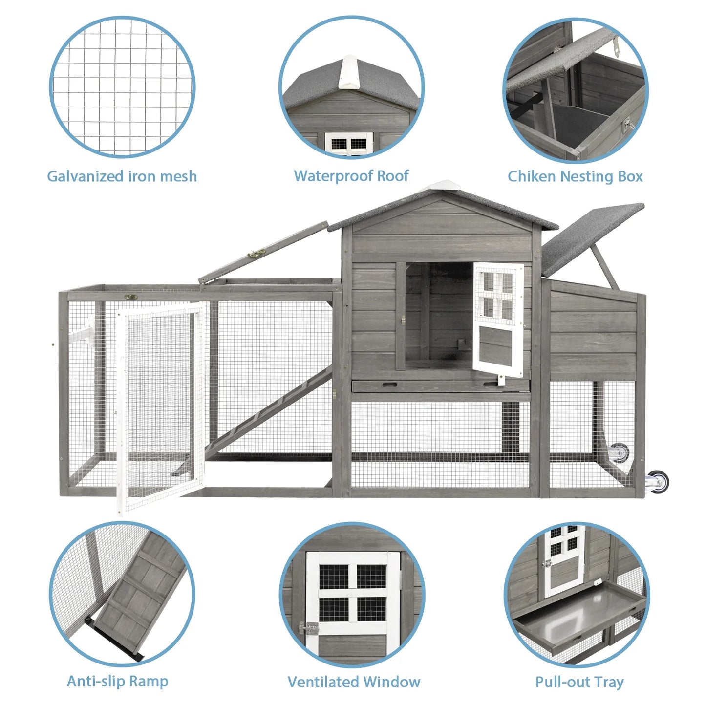 PETSCOSSET 78.7" Chicken Coop with Run Large Wooden Chicken House with Wheels, Combinable, Gray