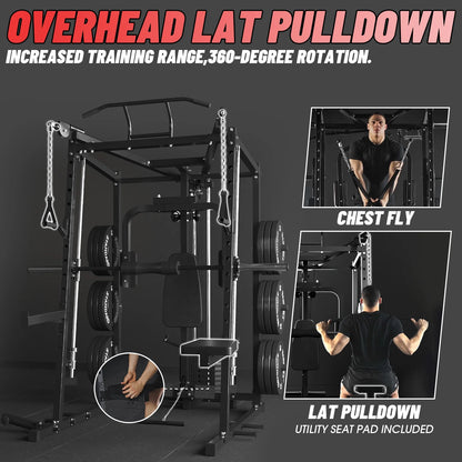 Mikolo Smith Machine with 120LBS Weight Stack, 2000LBS Power Cage Squat Rack, Pec Deck Machine with LAT Pull-Down, Cable Crossover with Dual Pulley Functional Trainer for Home gym