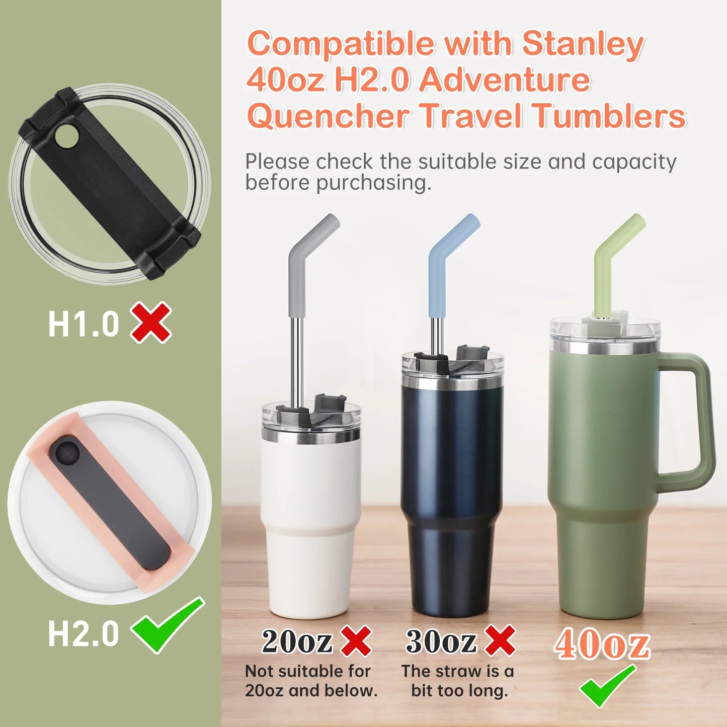 Tomorotec 12-Inch Stainless Steel Straw with Silicone Extender Tip for Stanley Adventure Quencher 40oz Tumbler 6-Pack with 2 Cleaning Brushes, 0.4" Diameter Straws Food Grade BPA-Free Colorful Set