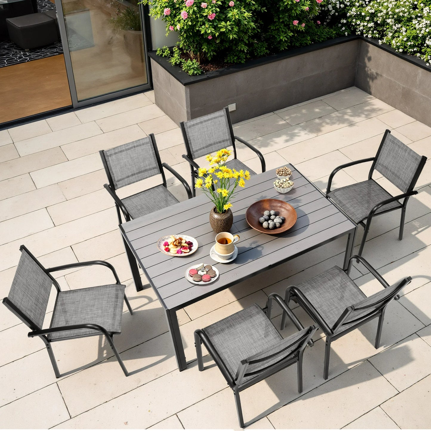 7 Piece Outdoor Dining Set, Patio Dining Table Set for 6 Persons, Garden Patio Textilene Dining Furniture Set with Plastic-Wood Tabletop, Dining Table Chairs Conversation Set for Deck Patio