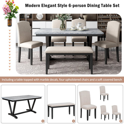 EUROCO 60" 6-Piece Dining Table Set,Dining Room Set with Marbled Tabletop,V-shaped Table Legs,Bench and 4 Cushioned Chairs,Solid Wood Rectangular Table and Chair Set, Kitchen Table Set