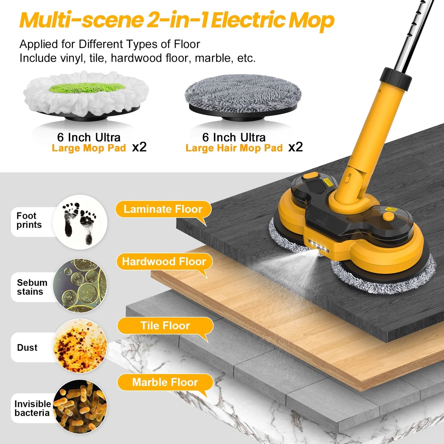 Amiluo Cordless Electric Mop, with LED Headlight & Water Sprayer, Dual-Motor Powerful Spin Mop with 300ML Water Tank, Self-Propelled, Effortless Clean & Waxing