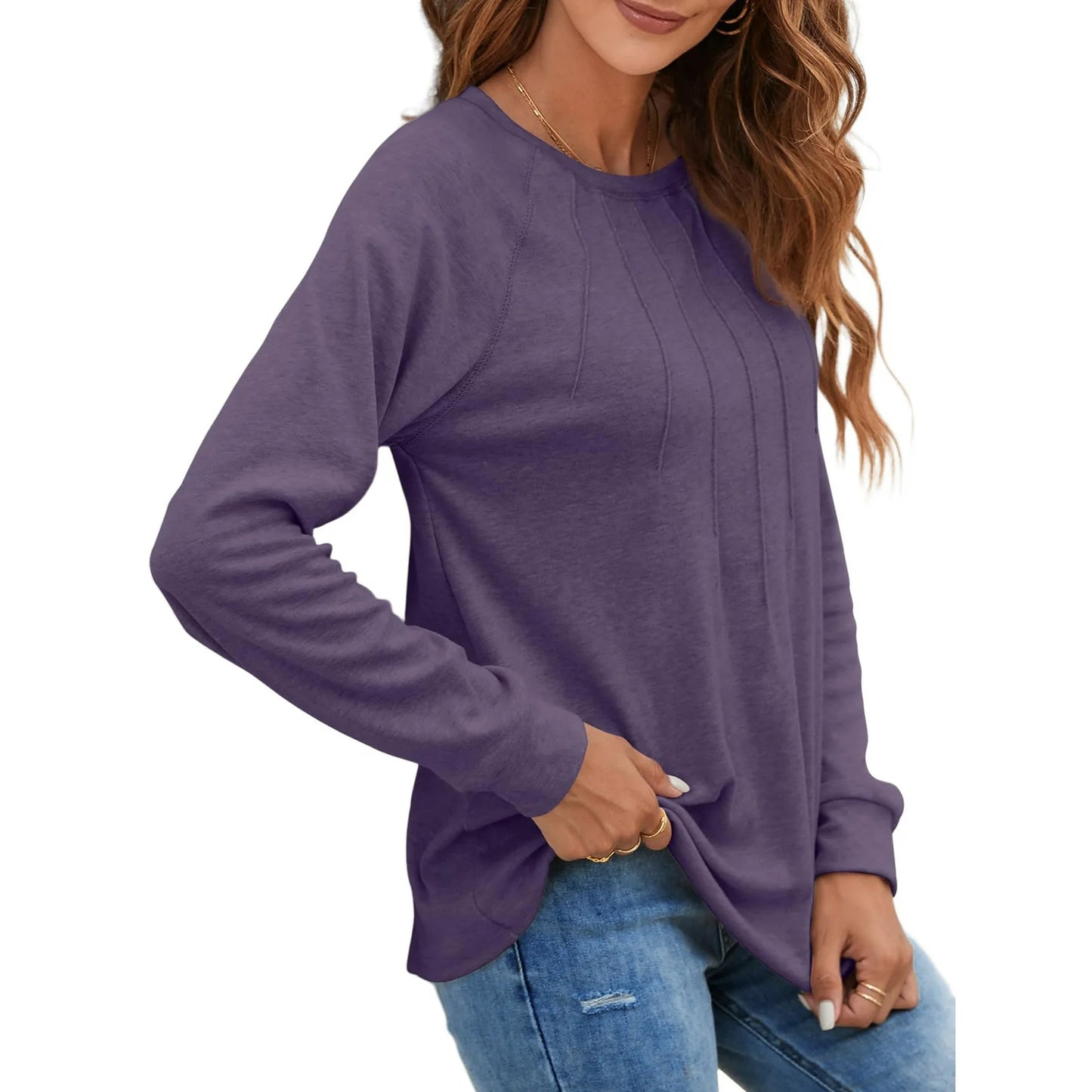 UVN Pleated Womens Blouses Crewneck Long Sleeve Shirts Casual Dressy Tunic Tops
