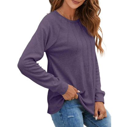 UVN Pleated Womens Blouses Crewneck Long Sleeve Shirts Casual Dressy Tunic Tops