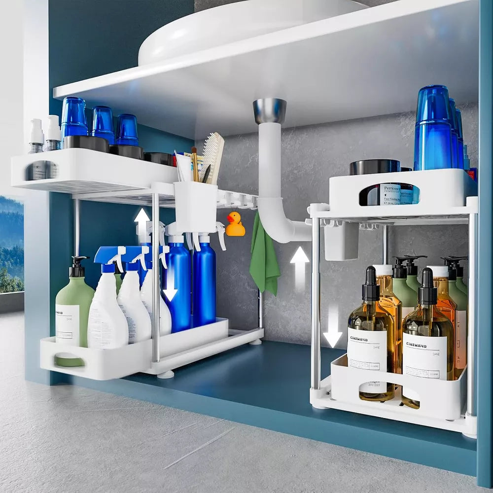 MaseiKar 2 Pack Under Sink Organizer, Under Sink Organizers and Storage for Kitchen Bathroom, Cabinet Organizer with Two Slide-Out Drawers