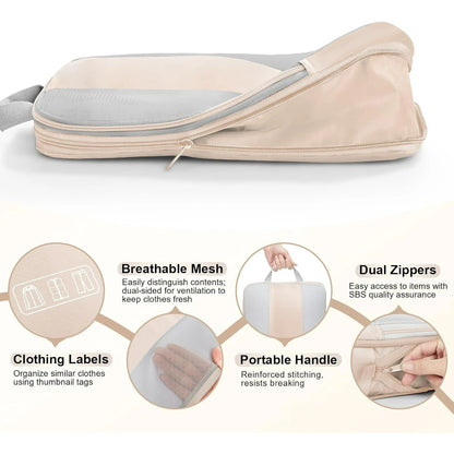 OKAKA 6 Set Compression Packing Cubes Travel Accessories Expandable Packing Organizer Bags Mesh Lightweight,Beige
