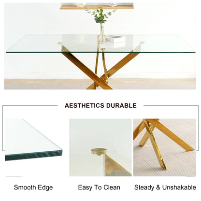 Sumdeal 63" Glass Dining Table Set for 6,Gold Base Dining Room Table with 6 Gold Leg C Shape Chairs