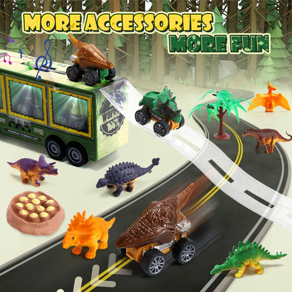 JoyStone 20 in 1 Dinosaur Toys with Light, Music & Roar Sound, Dino Toddler Toys Including Toy Truck, Pull Back Dinosaur Cars, Mini Dinosaur Figures & Slide, Christmas Gift, Green