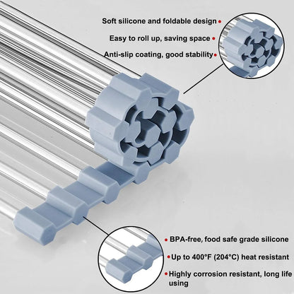 Roll up Dish Drying Rack, Over The Sink Kitchen Sink Dish Rack Multipurpose Stainless Steel Dry Rack Dish Drainer Foldable Dish Drying Rack for Sink Counter (17.7"x11.8")