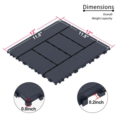 TrumanPick 44 PCS Plastic Deck Tiles Outdoor Interlocking Patio Tiles Waterproof for Backyard Porch, 12"W x 12"L, Dark Gray