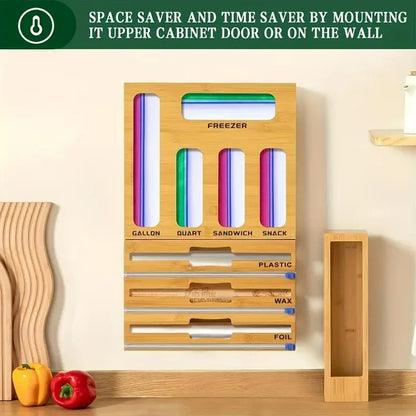 9 in 1 Storage Bag Organizer For Kitchen Drawer Combo, Bamboo Foil And Plastic Wrap With Cutter, Organizers Compatible Gallon, Quart, Sandwich Snack Size, Birthday Gifts, New Year Gift