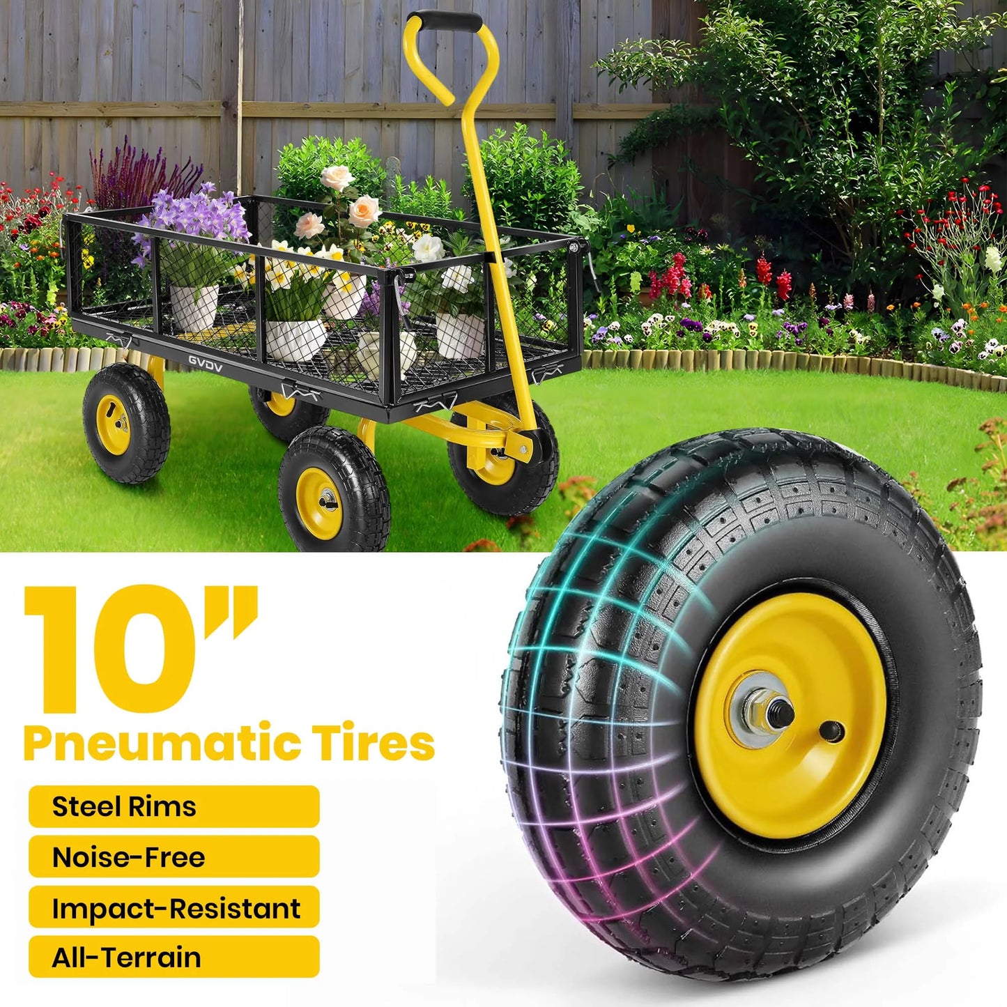 GVDV Heavy Duty Steel Garden Cart with Liner, 660lbs Capacity, 3 Cu ft, 10 All-Terrain Wheels, Black/Yellow – Durable Utility Cart for Yard Work, Hauling, and Outdoor Use