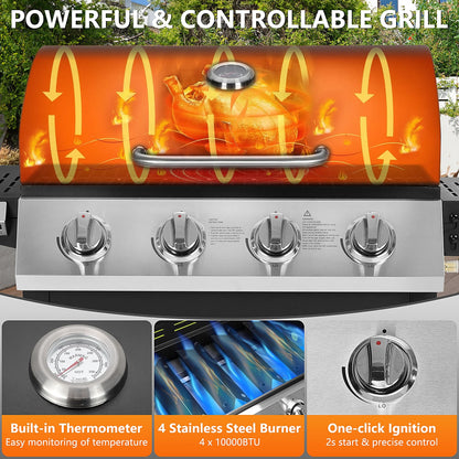 40,000BTU Grill w/Brush, 4-Burner Propane Gas Grill Stainless Steel, Outdoor Camping BBQ Grill on Wheels Portable for Patio Poolside RV