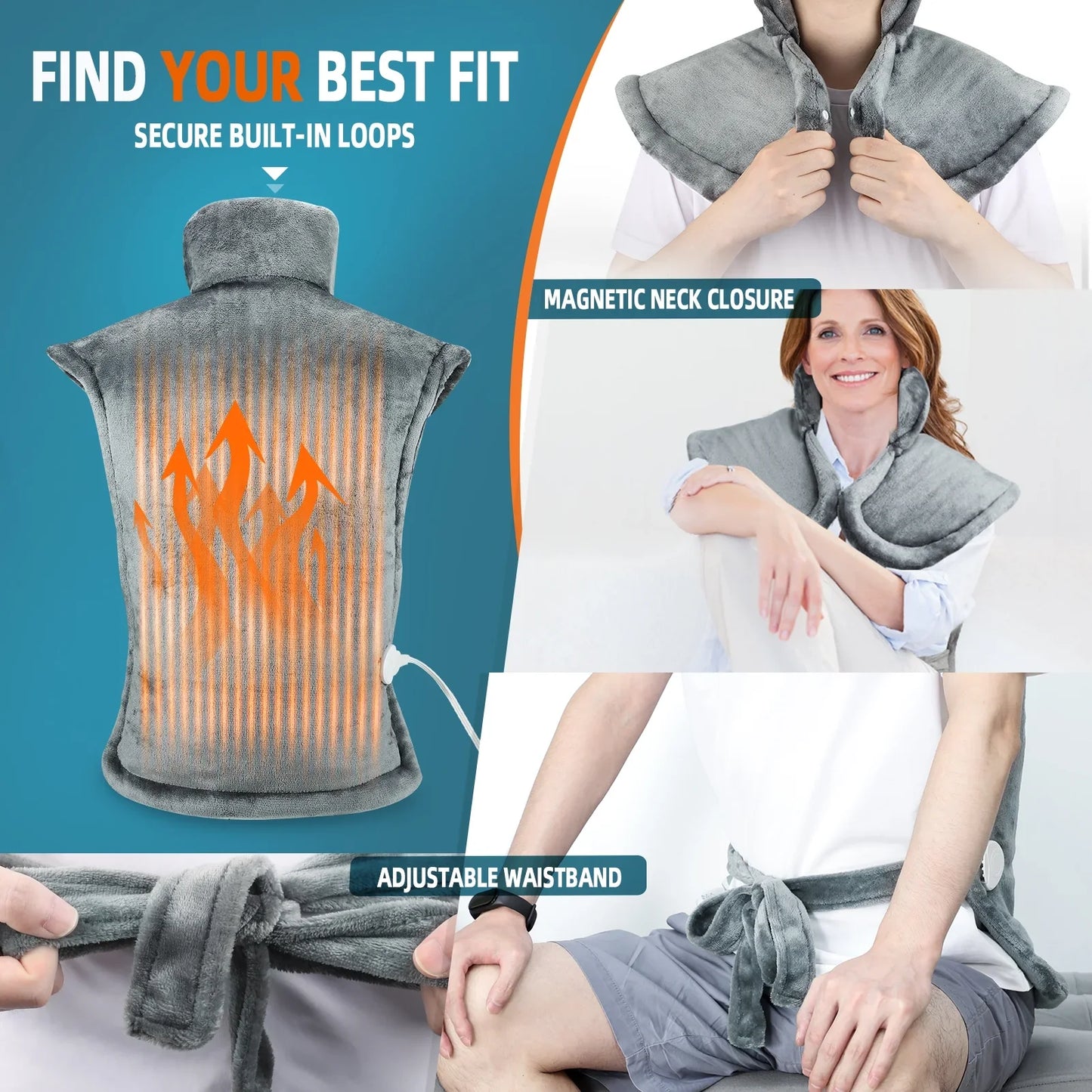 Extra Large Full Back Shoulders and Neck Heating Pad 40"x24", Fast Heating Wrap with Auto Shut off for Back, Neck and Shoulder, Abdomen, Electric Heating Pad for Pain Relief, Easy to Clean(Gray)