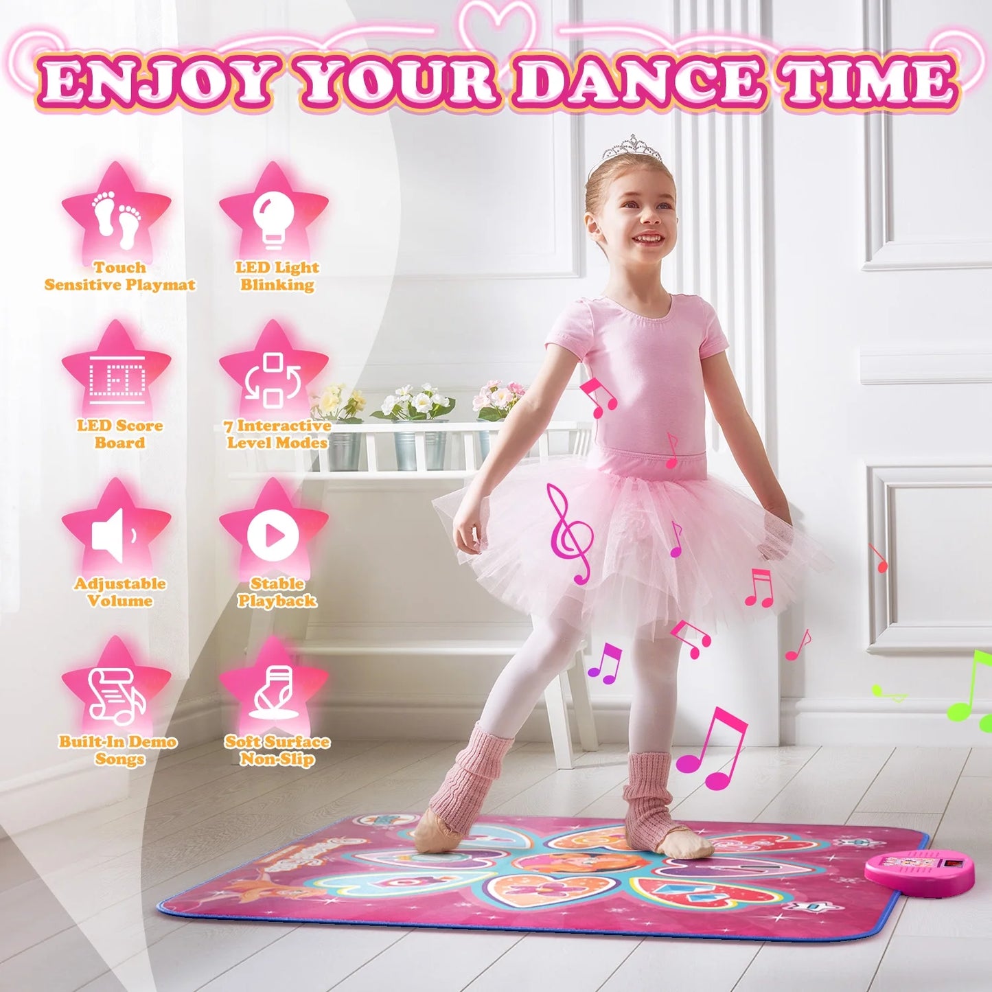 JoyStone Dance Mat, Dance Mixer Rhythm Step Play Mat with LED Lights, Built-in Music, 7 Challenge Levels, Dance Game Toy Gift for Kids Girls Boys, Pink