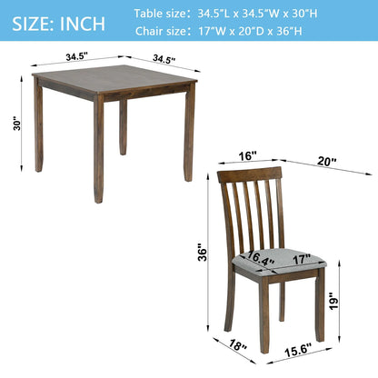 PORKISS Solid Wood Dining Table Set for 4, 5 Piece Dining Room Set with 1 Table 4 Upholstered Chairs, Walnut