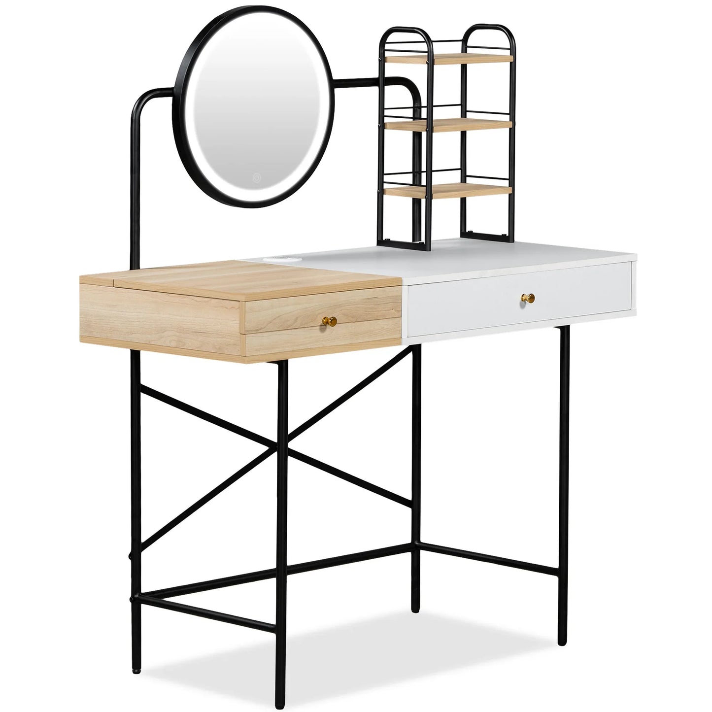 ENYOPRO Makeup Vanity Table with 3-Mode Lighted Mirror & Wireless Charging Station, Modern Makeup Desk, Dressing Table with Drawer & 3 Open Shelves, White
