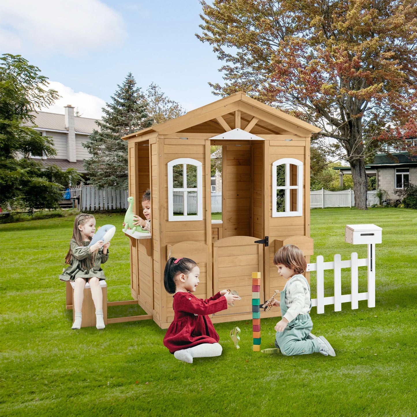 COCLUB Play House for Kids Ages 4-8, Outdoor Wooden Playhouse with Play Kitchen, Snack Bar, Picnic Bench, Mailbox, Flowerpot Holders, 39" x 38" x 55.5"