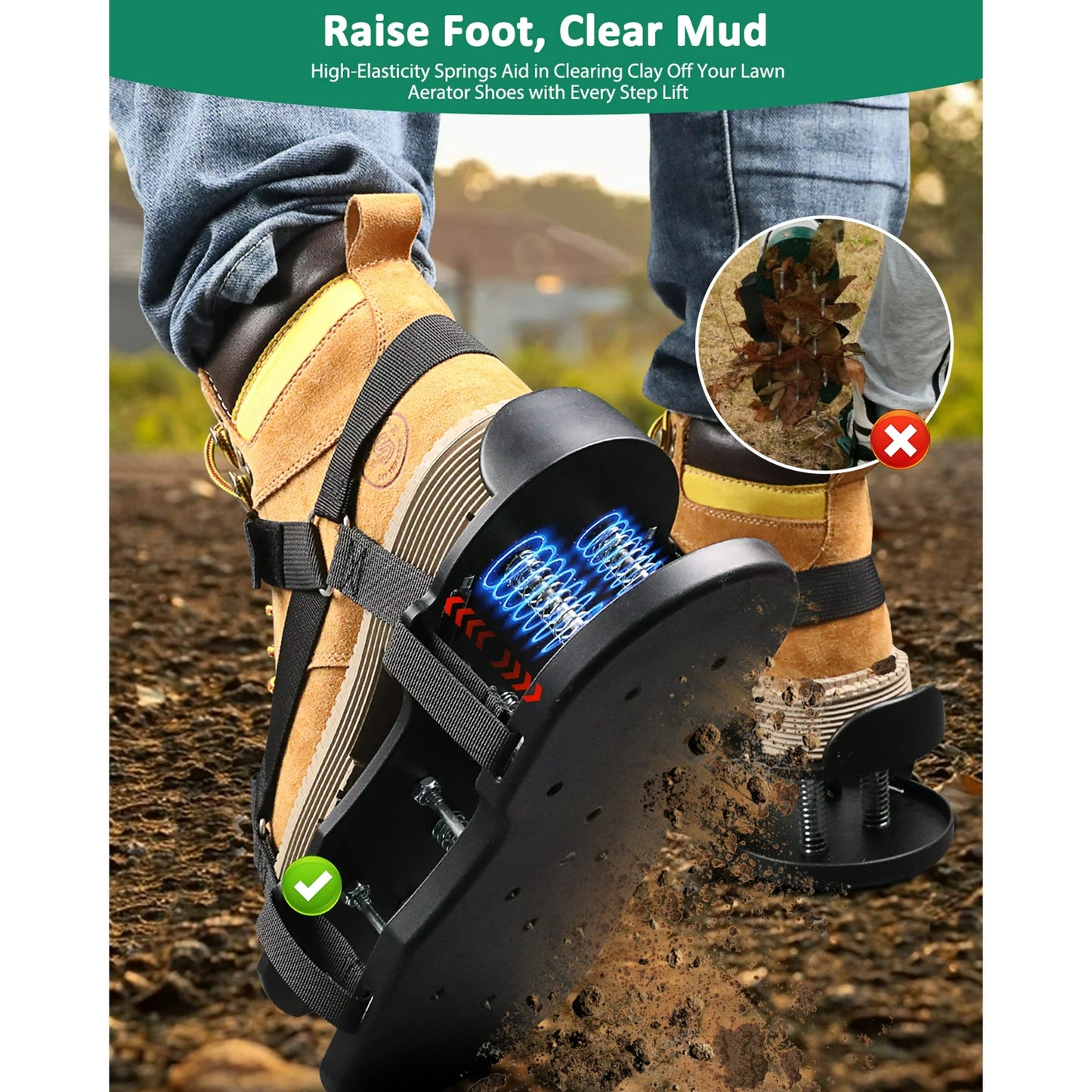 Lawn Aerator Shoes with Spring Base - Free-Installation Tool for Lawn Care - Automatic Leaf and Dirt Cleaning - Adjustable Laces - Perfect for Lawn, Yard, and Garden! (Black)