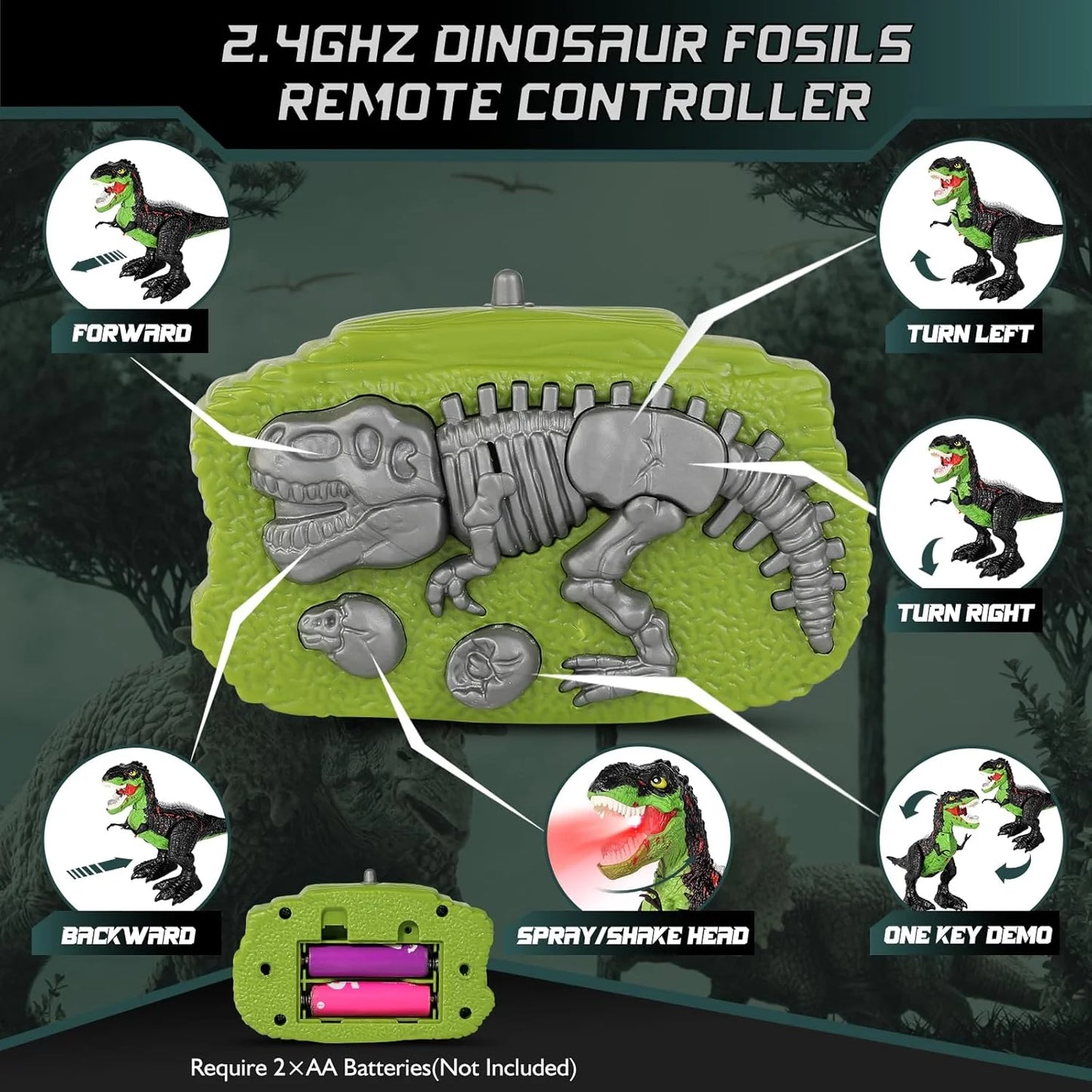 JoyStone Remote Control Dinosaur Toys for Kids, Electric Walking RC T-Rex, Realistic Tyrannosaurus Dino Robot with Roaring and LED Light for Boys and Girls Age 3+, Green