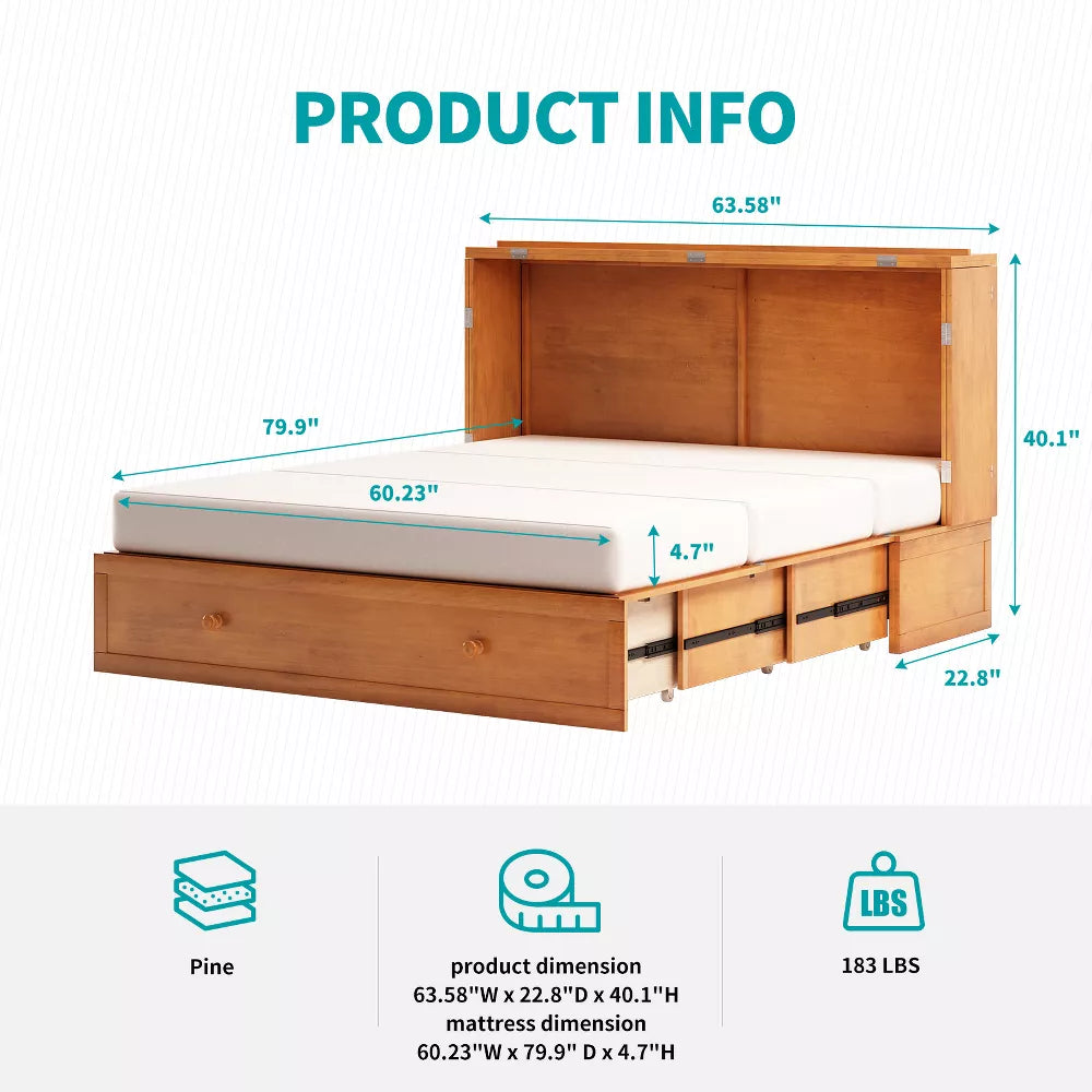 Mjkone Murphy Cube Cabinet Bed, Queen Murphy Bed with Trifold Foam Mattress, Built-in USB Charging Station& Roomy Storage Drawers
