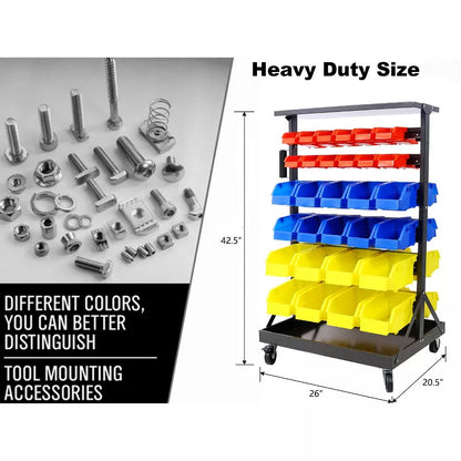 Dolonm 60 Parts Bin Rack Garage Storage Unit 6 Tiers System Steel Shelf with Portable Wheels, Mobile Tool Organizer Plastic Bins (6 Tiers)