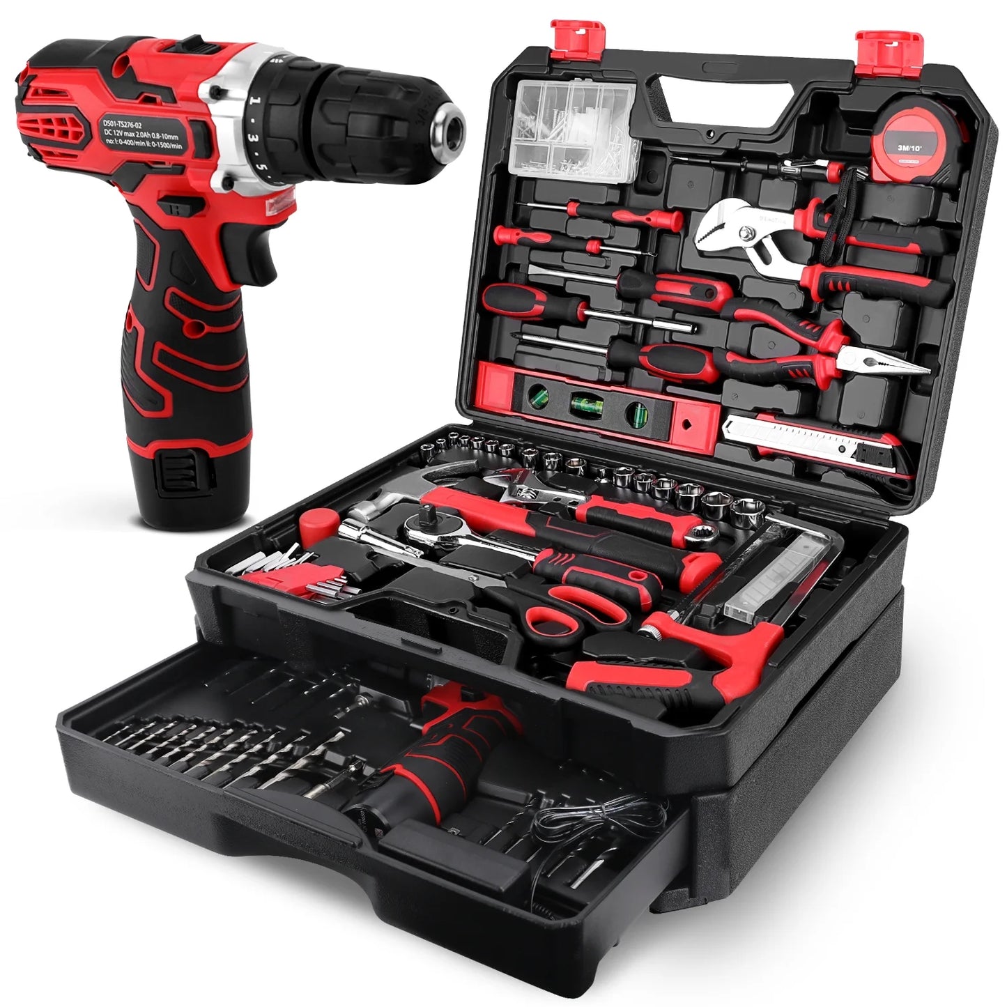 TOPHDY Tool Set with 12V Cordless Drill ,276 piece Tool Set Driver Toolbox Storage Case with Drawer, Professional House Repair Driver Set
