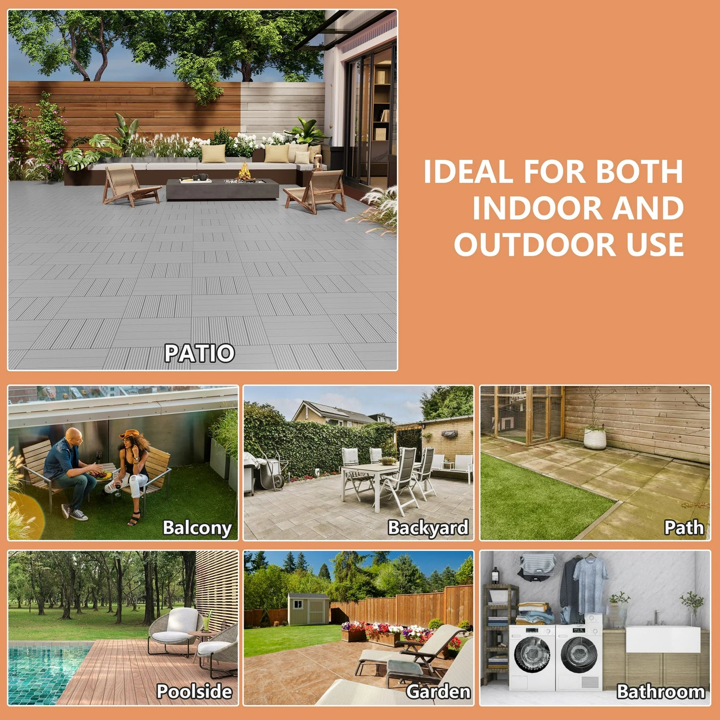 TrumanPick 72 PCS Deck Tiles Patio Pavers Interlocking Flooring Tiles 12"W x 12"L Waterproof Outdoor Flooring for Patio Garden Balcony Backyard All Weather Use, Mid Gray