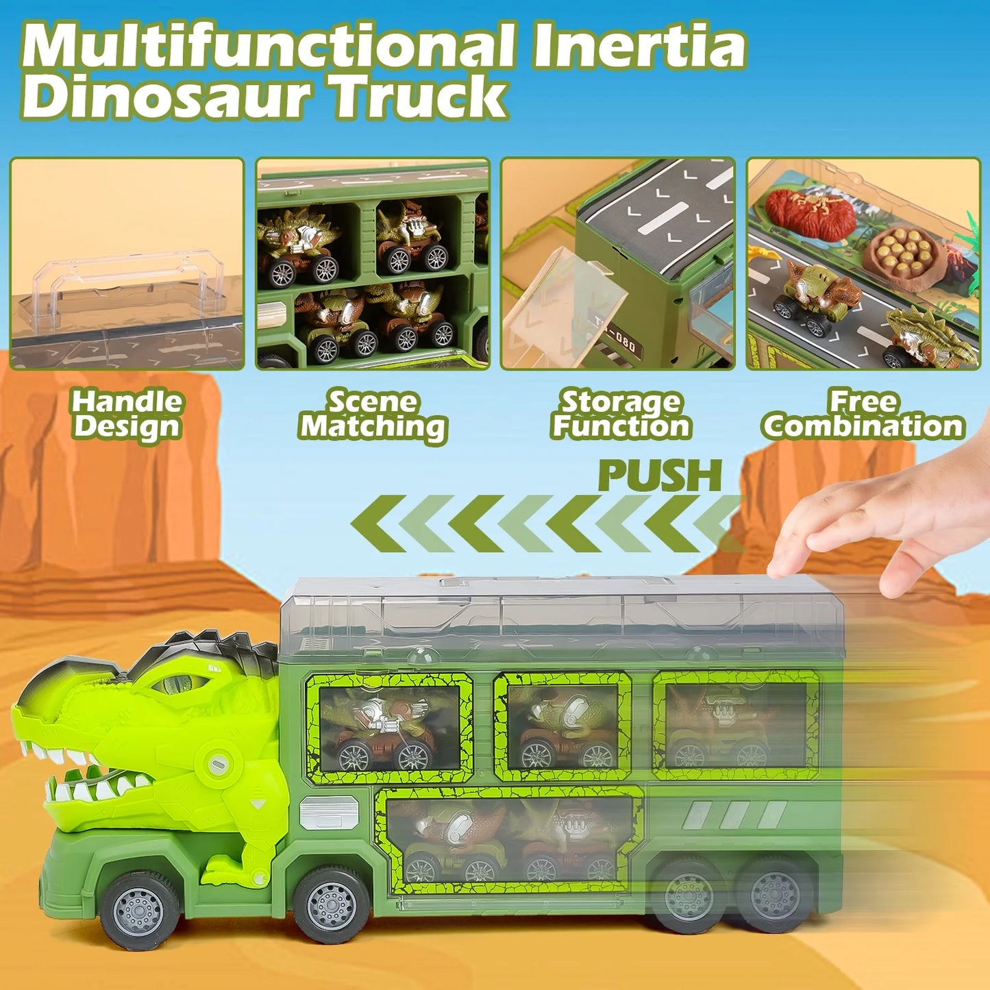 JoyStone Dinosaur Truck Toys for Kids 3-5 Years, 18 in 1 T-Rex Transport Car Carrier Truck with Light, Music & Roar Sound and Slide, Christmas Birthday Gifts for Boys, Green