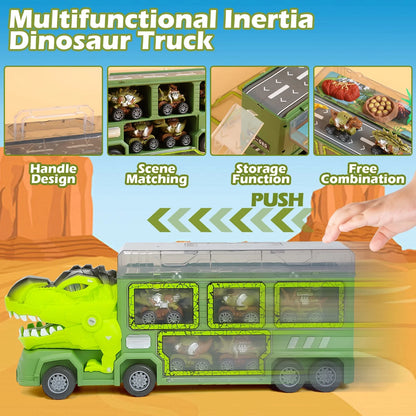 JoyStone Dinosaur Truck Toys for Kids 3-5 Years, 18 in 1 T-Rex Transport Car Carrier Truck with Light, Music & Roar Sound and Slide, Christmas Birthday Gifts for Boys, Green