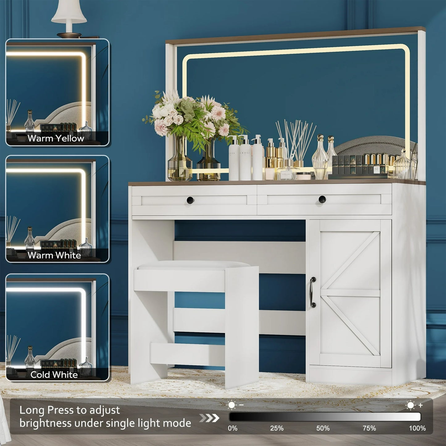 Vanity Desk with Mirror and Lights, PAPROOS Vanity Table Makeup Desk with 2 Drawers and 1 Cabinet, Large Mirror Vanity Set with Glass Table Top and Cushioned Stool for Bedroom, 43.3 Inch, White