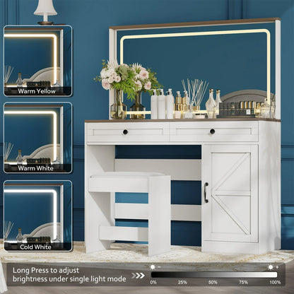 Vanity Desk with Mirror and Lights, PAPROOS Vanity Table Makeup Desk with 2 Drawers and 1 Cabinet, Large Mirror Vanity Set with Glass Table Top and Cushioned Stool for Bedroom, 43.3 Inch, White