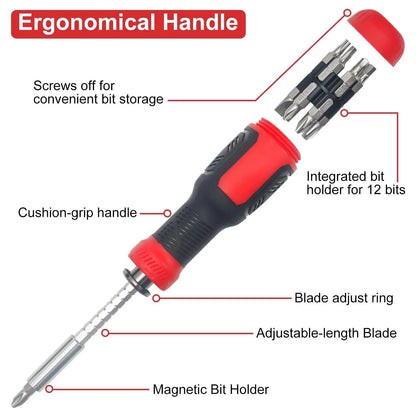 Screw Driver,Multi Screwdriver 13-in-1 Screw Driver Adjustable Screwdriver Set Multitool All in One with Torx Security, Flat Head, Phillips, Hex, Square and 1/4 Nut Driver