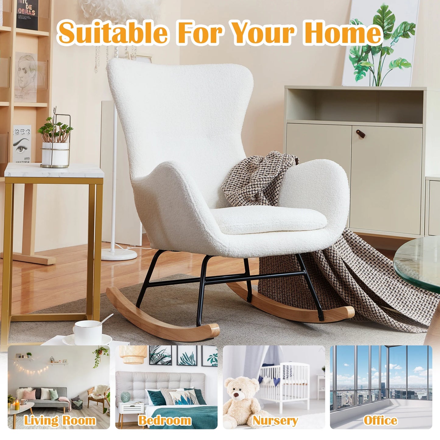 TrumanPick Nursery Rocking Chair Teddy Upholstered Glider Rocker Rocking Accent Chair with High Backrest Comfy Armchair for Living Room, White