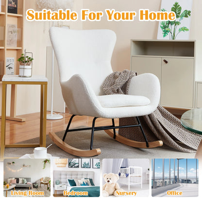 TrumanPick Nursery Rocking Chair Teddy Upholstered Glider Rocker Rocking Accent Chair with High Backrest Comfy Armchair for Living Room, White