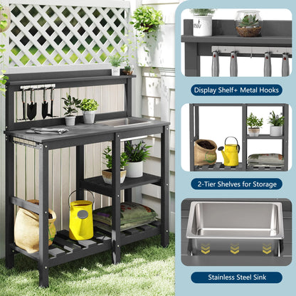 FOOWIN HDPE Outdoor Potting Table, Garden Potting Bench Table with Sink, Gray