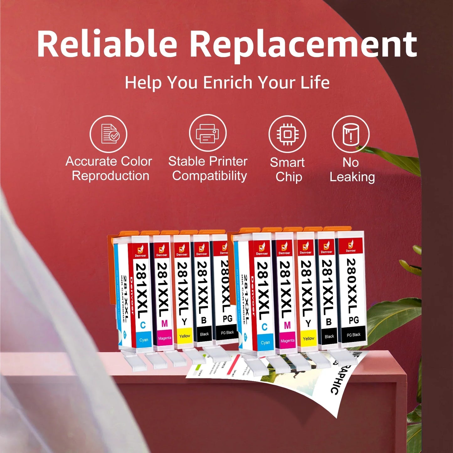 280XXL 281XXL Ink Cartridge for Canon Ink 280 and 281 for PG280 and CL281 Compatible for Canon PIXMA TR7520 TR8520 TR8620 TR8500 TS8320 TS8322 TS8120 TS9120 Printer (10-Pack)