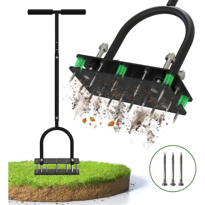 Manual Lawn Aerator Tool – Heavy-Duty Design with 15 Iron Spikes – Automatic Dirt and Leaf Cleaning – Height-Adjustable for Customized Use – Perfect for Aerating Lawns, Yards, and Grass (Black)