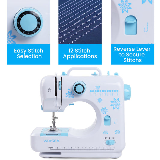 Sewing Machine with Extension Table, Portable Sewing Machine with Accessory Kit, LED Light, 12 Built-in Stitches, Sewing Kit for Household Use, Perfect for Beginners, Blue