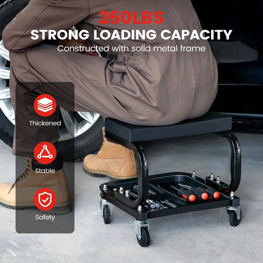 KROAK 14.2 Rolling Creeper Garage/Shop Seat with 3 Segmented Tool Tray, 260 Lbs Capacity, 360 2.5 Casters, Comfortable Car Repair Mechanic Stool, Black