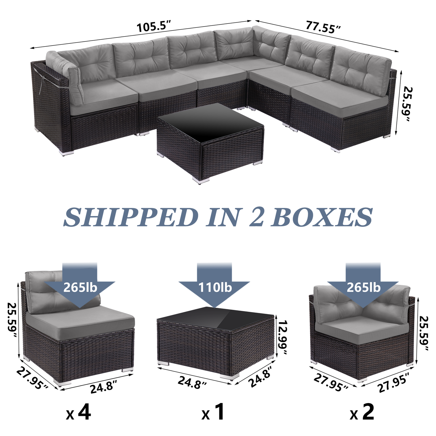 7 Piece Outdoor Patio Furniture Set, Modular Outdoor Sectional Sofa Set with Removable Cushions, PE Rattan Conversation Sets with Coffee Table, Gray
