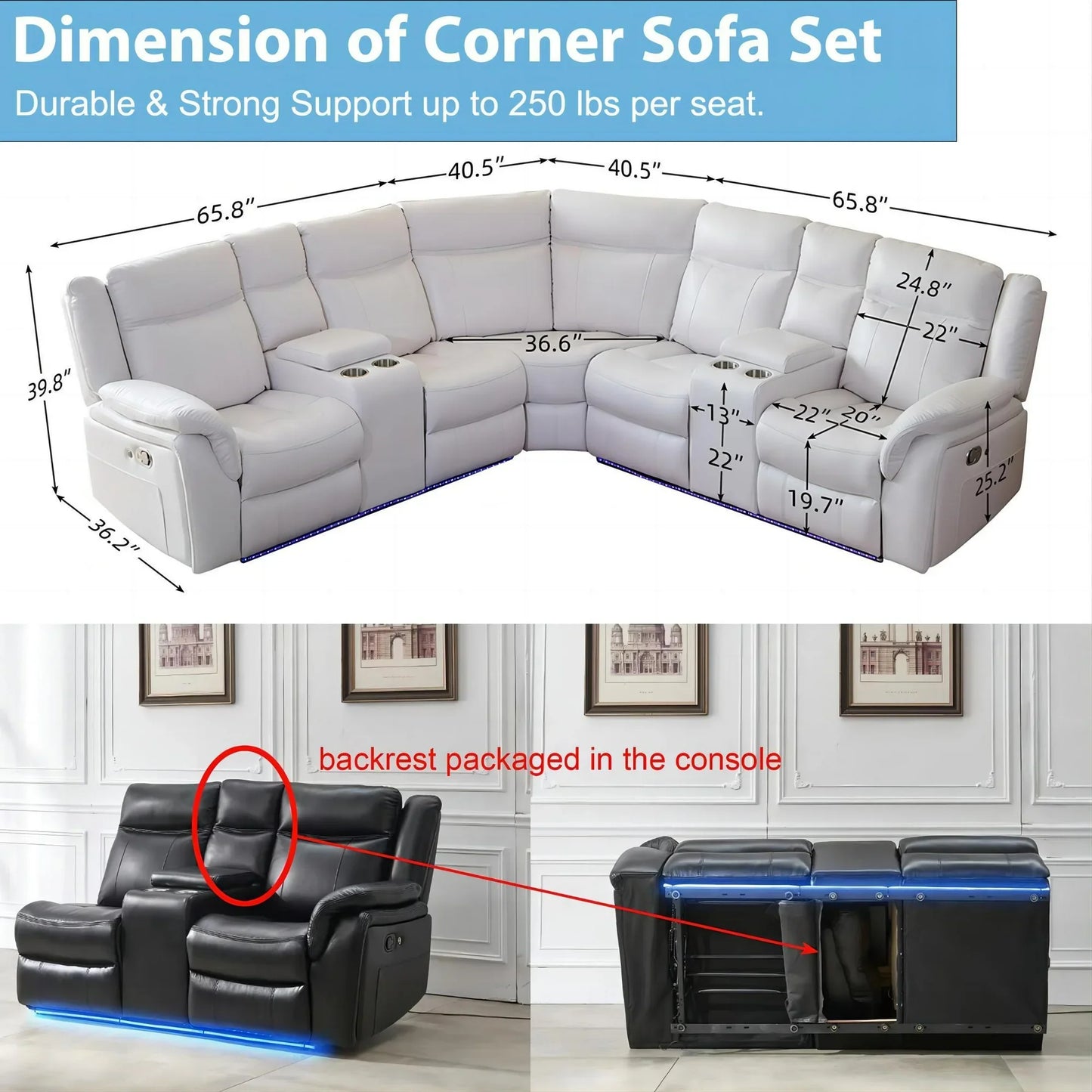 Othniel Manual Reclining Sectional Sofa with LED Light Recliner Cup Holder,USB Port White