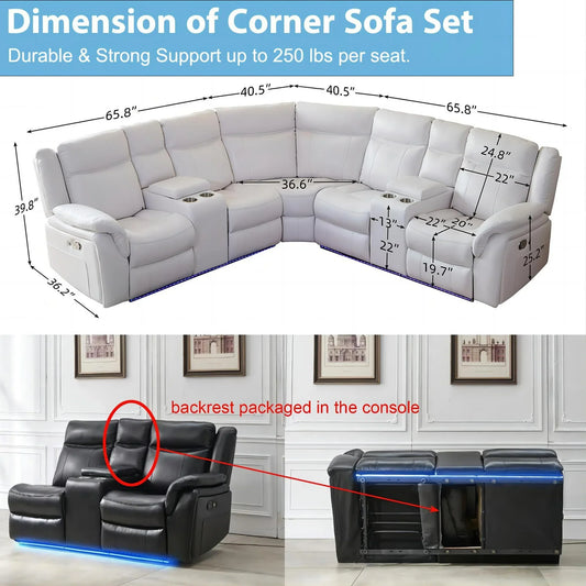 Othniel Manual Reclining Sectional Sofa with LED Light Recliner Cup Holder,USB Port White