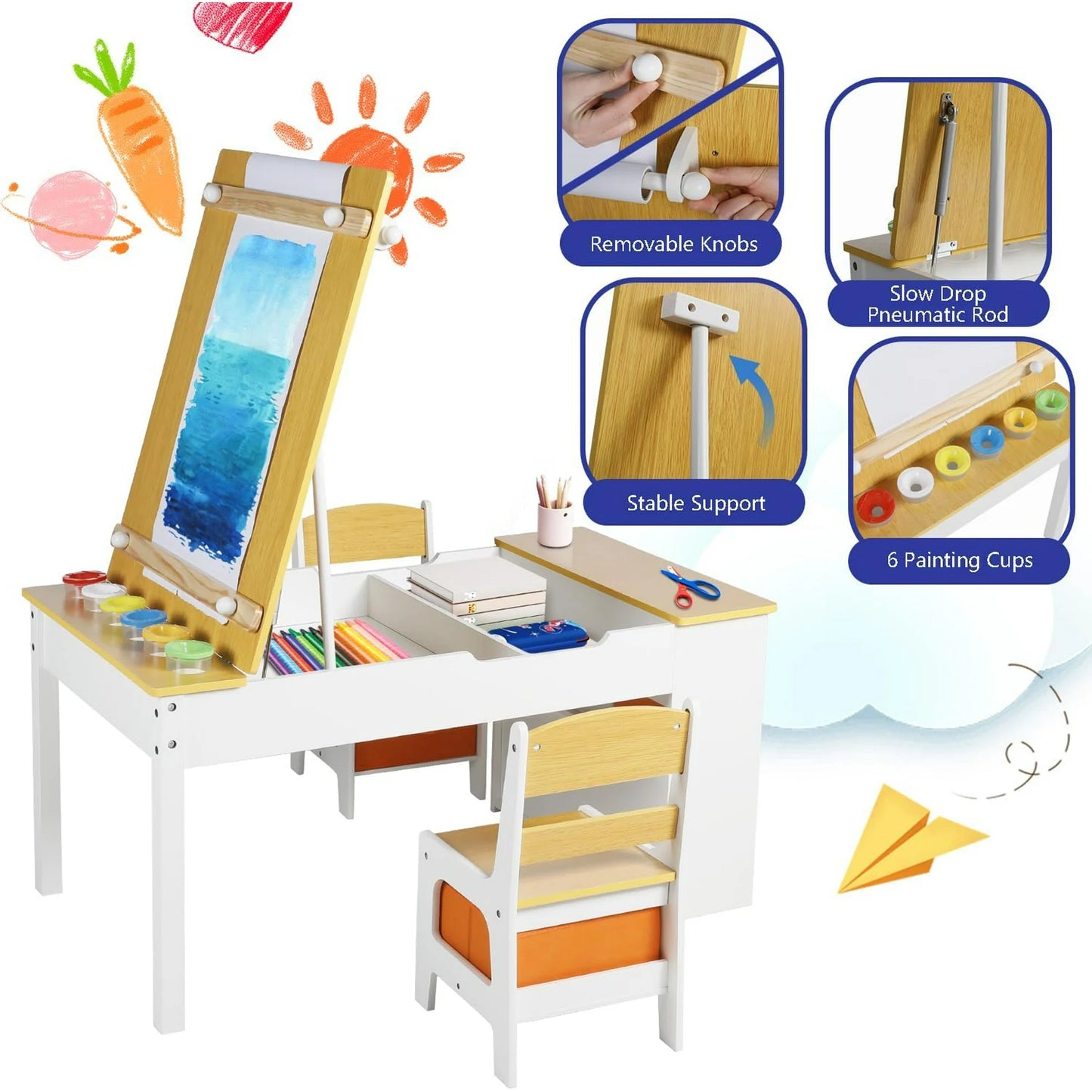 LINLUX 3 in 1 Kids Drawing Table and Chair Set with Art Easel, Toddler Activity Desk for Painting，Natural