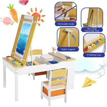 LINLUX 3 in 1 Kids Drawing Table and Chair Set with Art Easel, Toddler Activity Desk for Painting，Natural