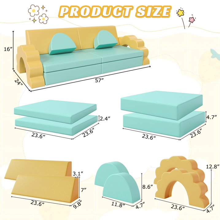 10PCS Modular Kids Play Couch with Climbing Slope, SHINPT PU Leather Toddler Couch Sofa for Home Indoor, Climbing Toys for Toddlers 1 3 Inside, Soft Foam Climbing Blocks for Infant, Kids, Pre school